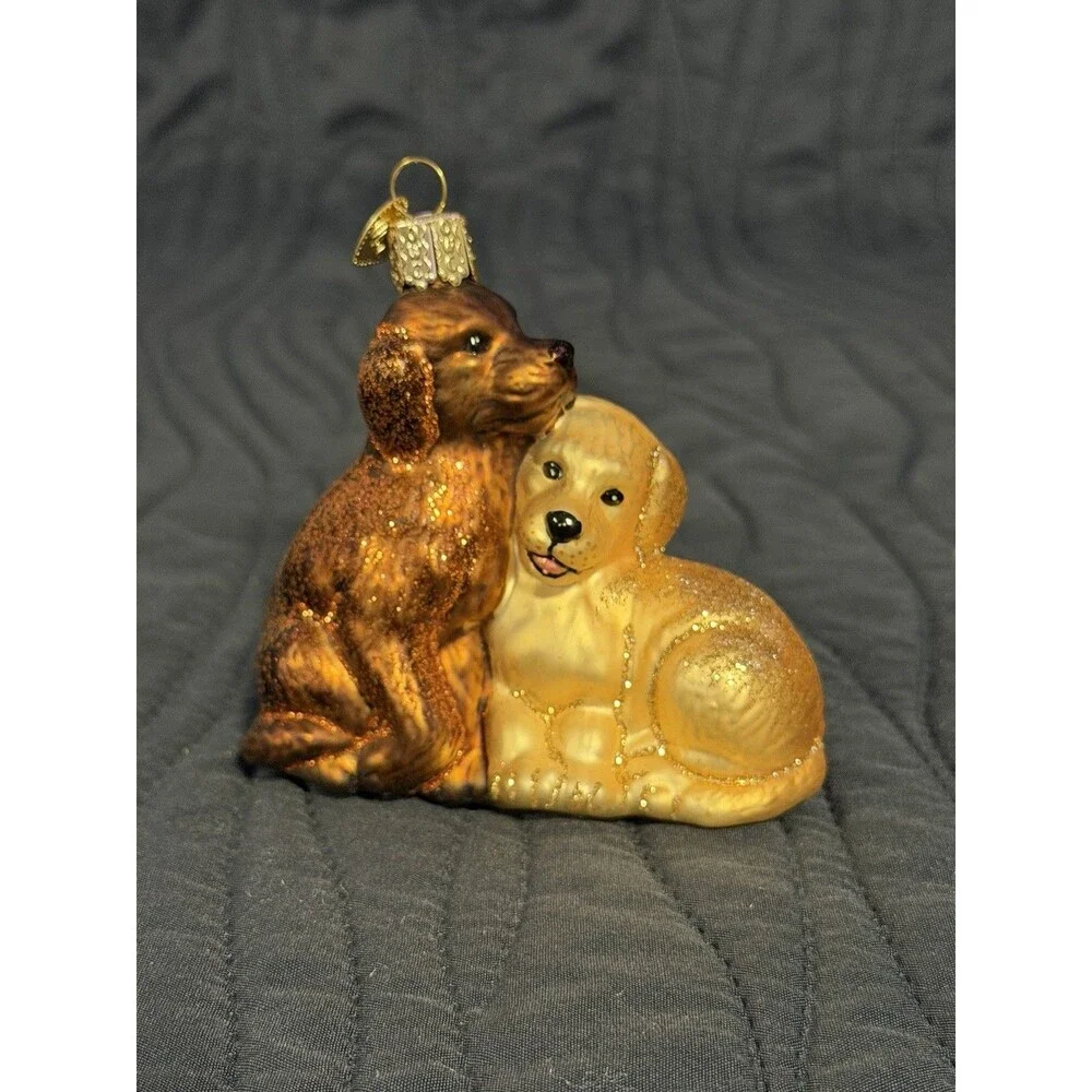 Merck Family Old World Christmas Glass Dog Ornament Brown & Golden w/ Box Bookle